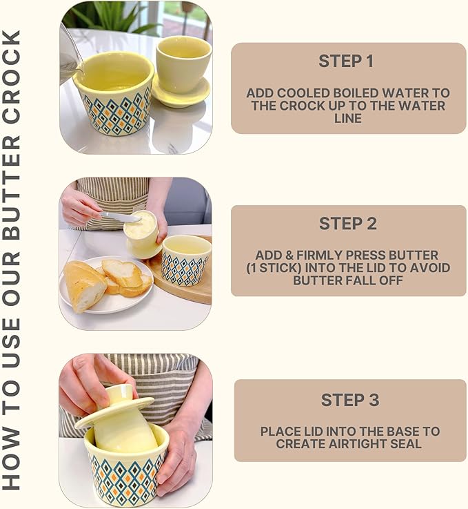 Butter Crock with Lid for Countertop, Butter Keeper Crock with Water, French Butter Dish Ceramic, Butter Holder with Lid for Spreadable Butter, Butter Container for Counter (Blue Fleur, Navy)