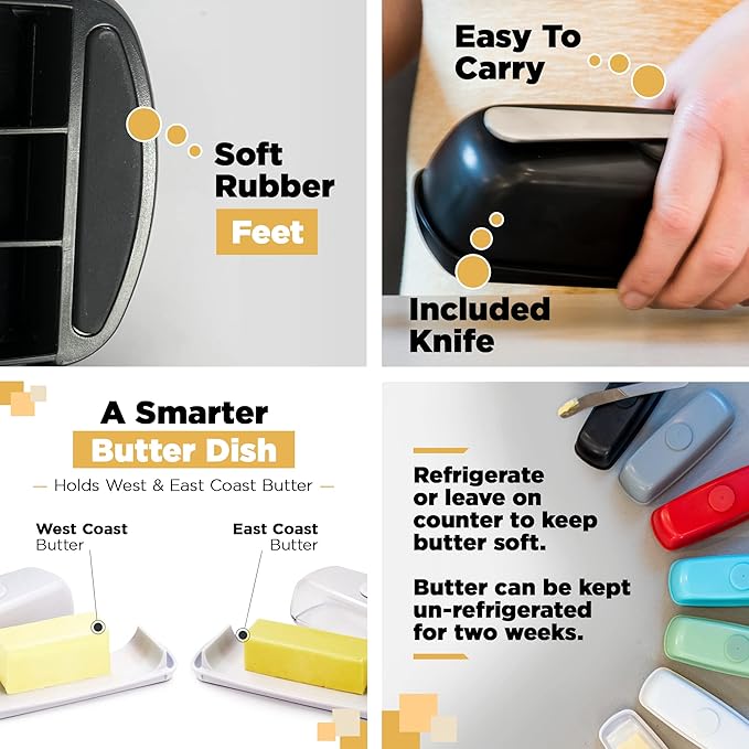 Butter Hub Extra Large Butter Dish with Lid and Knife, European Size Magnetic Butter Keeper, Easy Scoop, No Mess Lid, Plastic, Dishwasher Safe (Grey),European / 2 Sticks
