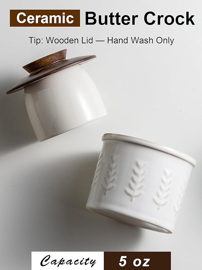 Ceramic Butter Dish With Lid, Butter Crock for Countertop, French Butter Keeper for Spreadable Butter, Elegant Embossed Pattern, Cream White