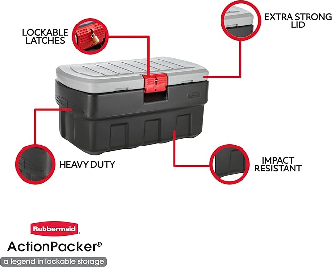 Rubbermaid ActionPacker Lockable Storage Box, 35 Gal, Grey and Black, Outdoor, Industrial, Rugged