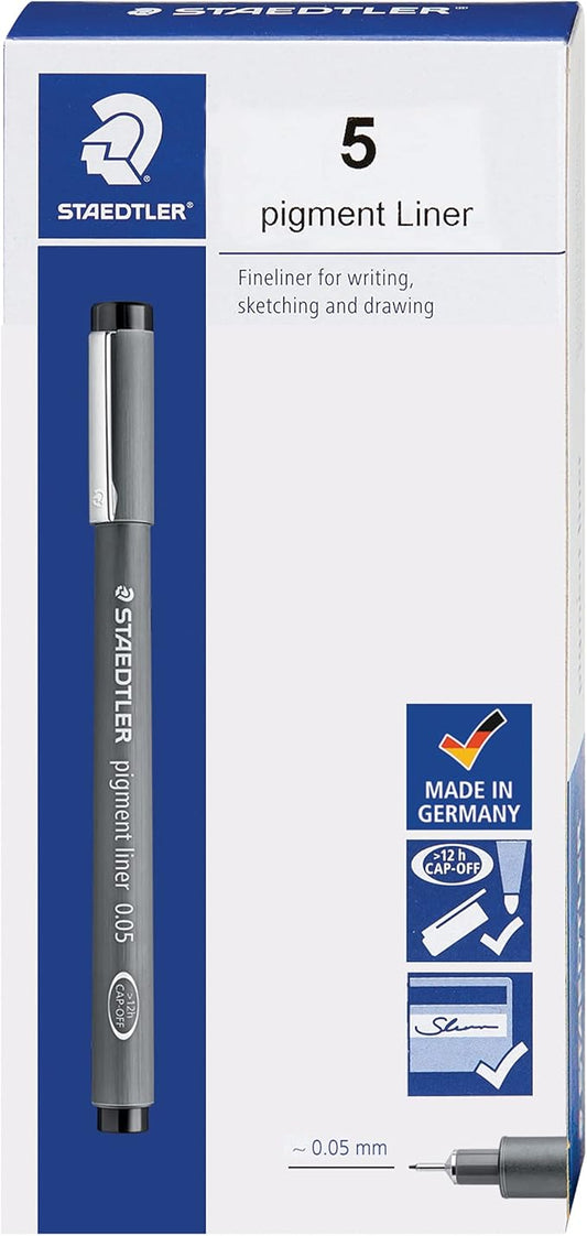 STAEDTLER Pigment Liner, Fineliner Pen for Drawing, Drafting, Journaling, 0.05mm, Black, Box of 5 Pens, 308 0059M
