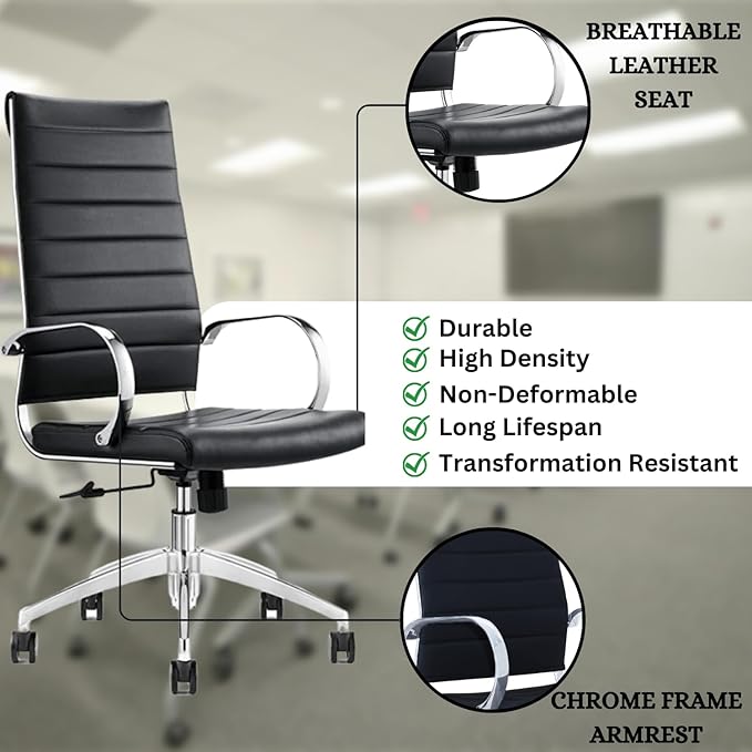 Ribbed Desk Chair - Lumbar Support, Modern Style Executive Chair for Home and Office - 360 Swivel Rolling Wheels - Aluminum Chrome Frame & Base (Black & Chrome High Back, Pack of 25)