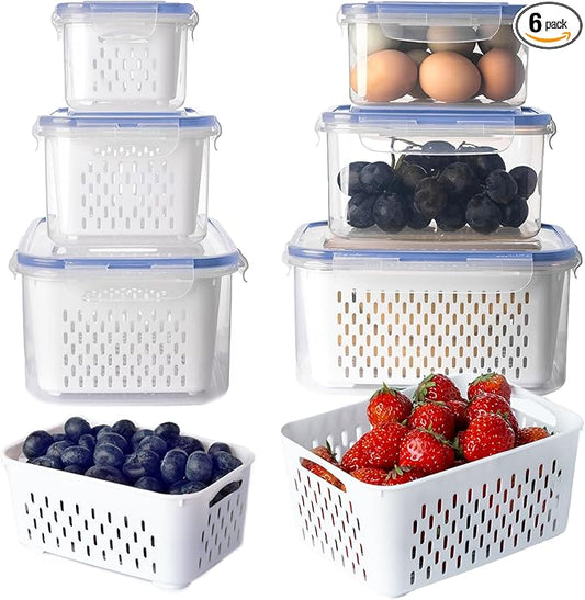 6 PCS Fruit Storage Containers for Fridge with Removable Colanders, Airtight Food Storage Container with Lids, Produce Saver, Leakproof Fridge Organizer Bins for Salad Berry Vegetables Keep Fresh