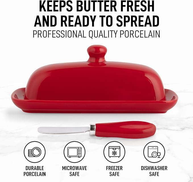 Zulay Kitchen Butter Dish With Lid For Countertop - Porcelain White, Ceramic Butter Dish with Knob Handle Great for Cooking - Elegant Design Butter Holder - Durable & Sturdy Butter Keeper - Red