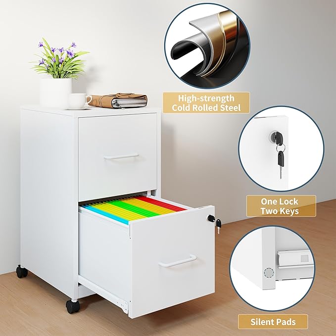 2 Drawer File Cabinet on Wheels, Mobile Filing Cabinets with Lock, Metal Storage Cabinet, Vertical Filing Cabinets for Home Office, Rolling File Cabinet for Under Desk, Amssebly Required,White