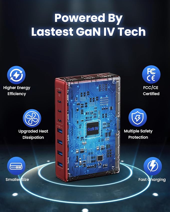 200W USB C Charger Block,GaN IV Charging Station 8 Ports,QC4.0 Fast Charging Station Hub+PD 65W USB C Laptop Charger Adapter Compatible with MacBook Air/Pro,DELL,iPhone 17/16/15,iPad,Steam Deck-Red
