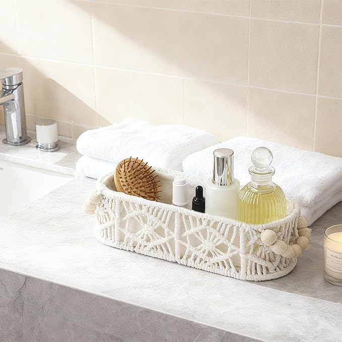 Small Storage Basket for Organizing, Woven Boho Decor Oval Macrame Toilet Paper Baskets for Toilet Tank Top Living Room Bedroom Entryway Decorative Counter Home Decor, Set of 2, White