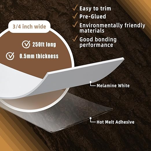 GSCIT Club White Edge Banding, 3/4 inch x 250ft Melamine Edge Banding with Hot Melt Adhesive Preglued Cabinet Edge Banding Flexible White Veneer Edging