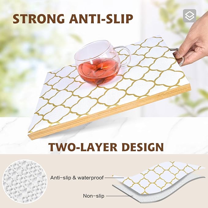Shelf Liners for Kitchen Cabinets 17in x 20FT Non Adhesive Drawer Liner Gold Quatrefoil Thickened Shelf Liner Paper Strong Non-Slip Easy to Clean for Tool Box Refrigerator with Knife and Tape Measure