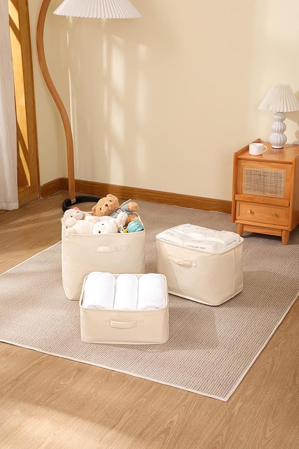Decorative Basket Rectangular Fabric Storage Bin Organizer Basket with Handles for Clothes Storage (13.7 x 13.7 x 12.5, Beige)