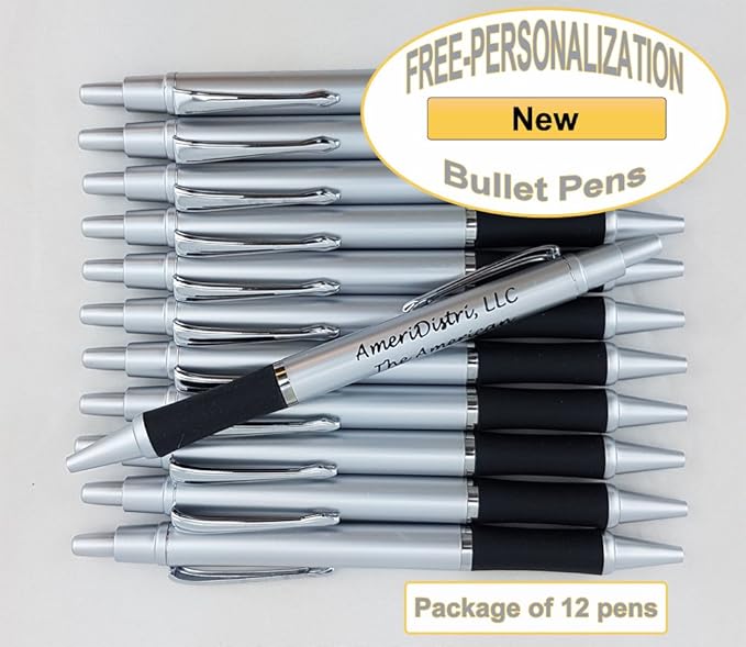 ezpencils - Personalized - Elegant Tip and Click Silver Accents on Silver Solid Color Body and Black Grip - Bullet Ballpoint Pens - 12 pkg - ** FREE PERZONALIZATION **