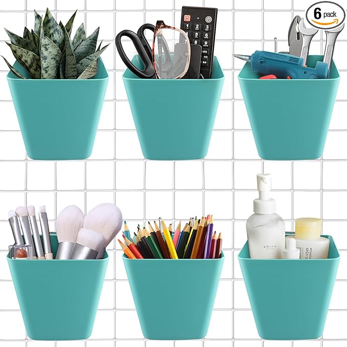 G.CORE Large Grid Wall Bins - 6Pack Green Gridwall Accessories Hanging Cups with Back Hooks - Plastic Grid Wall Panels Organizers Wire Shelves Holders for Garage Garden Craft Office Tools Storage