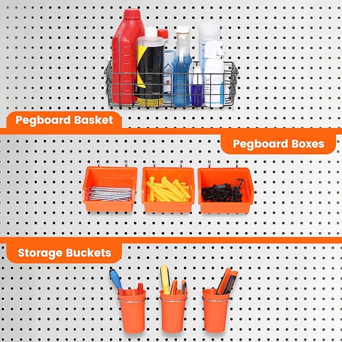 Pegboard Organizer Accessories Kit 264 PCS, Peg Board Hooks Assortment with Bins, Cups, Baskets for 1/4in Pegboard Wall Organizer, Garage Organization, Workbench, Craft Room, Hanging Tools
