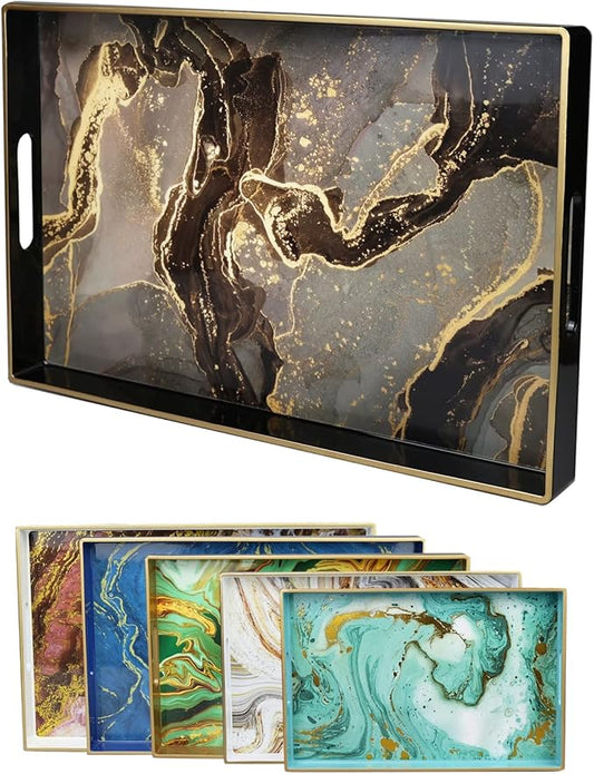 Black Marbling Decorative Tray with Handles, Morden Plastic Rectangular Serving Tray for Coffee Table Bathroom, Ottoman, Home Decor, 15.7"* 10.2"* 1.38"