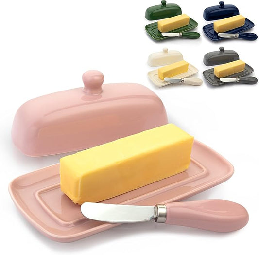 Zulay Butter Dish With Lid For Countertop - Porcelain White, Ceramic Butter Dish with Knob Handle Great for Cooking - Elegant Design Butter Holder - Durable & Sturdy Butter Keeper - Pink
