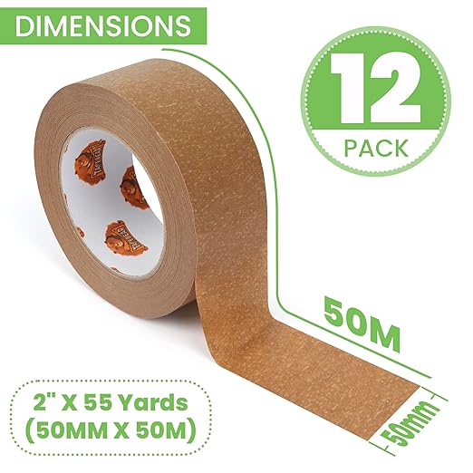 Eco-Friendly Kraft Paper Tape, Biodegradable Heavy Duty Packing Tape 2Inch x 55Yard, Recyclable Packaging Tape Self Adhesive Box Tape for Shipping, Sealing, Moving & Masking, 12Rolls
