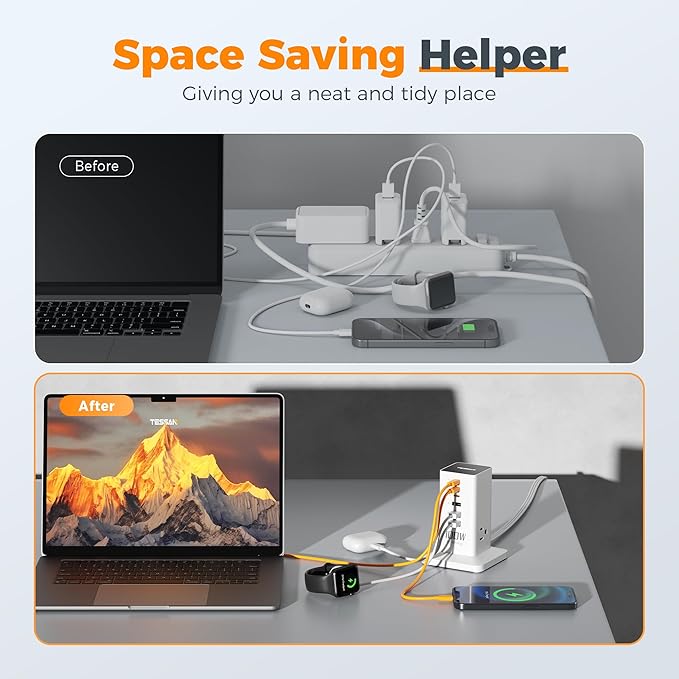 Charging Station PD 100W, TESSAN 9-in-1 USB C Power Strip for iPhone 17/16, MacBook, Tablet, Desktop Phone Fast Charger with 3 AC, 3 USB-A Ports, Home Drom Office Accessories, White