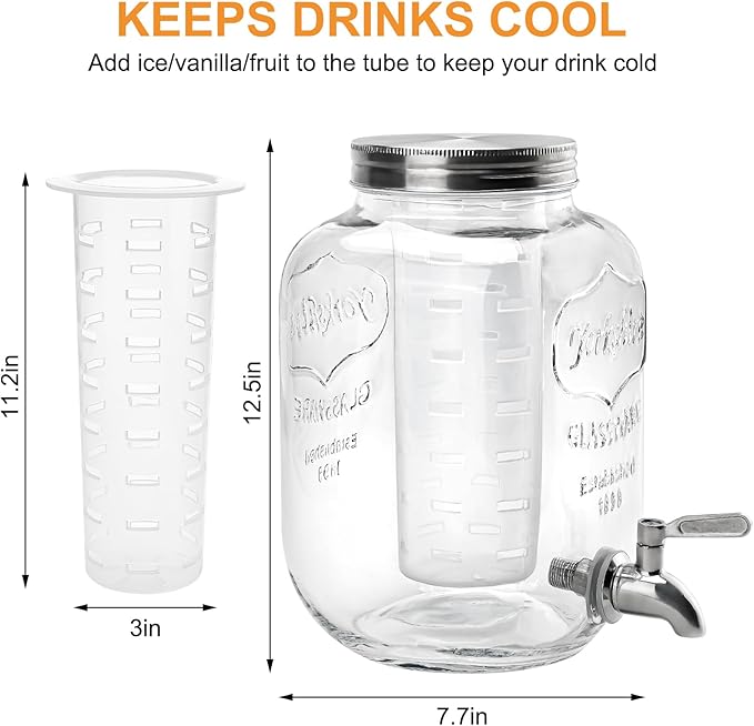 2 Gallon Glass Beverage Dispenser with Lid, Stainless Steel Spigot, Glass Drink Dispensers for Parties, Lemonade Dispenser With Ice Cylinder for Weddings, Party,Sun Tea Jar, Water Juice Dispensers