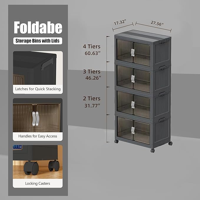 Stackable Storage Bins Wheel, Large Collapsible Closet Organizer with Lid, Foldable Storage Cabinet with Door, Plastic Folding Storage Boxes for Home, Pantry, Office (L, Gray 4-Tier)