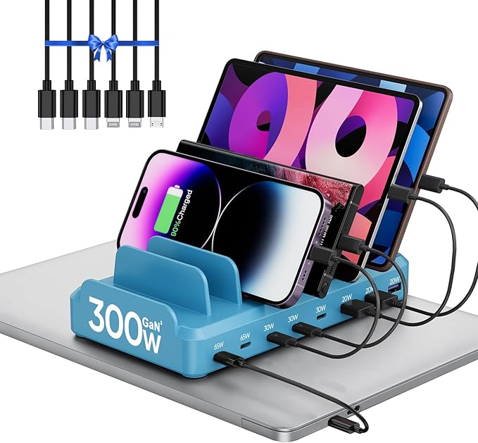 300W Charging Station for Multiple Devices, 8 Port Multi USB C Fast Charger Station Dock for MacBook iPhone 16/15/14/13/12 Samsung Pixel Series iPad, Blue (6 Mixed Short Cables Included)