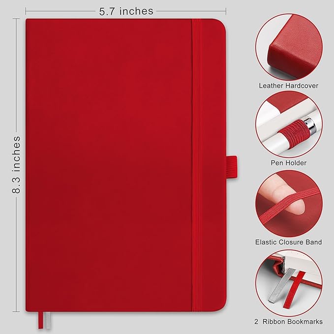 RETTACY Graph Grid Paper Notebook, 2-Pack, 192 Pages per Pack, A5 Medium Size (5.7'' x 8.3''), Leather Hardcover, 100 GSM Thick Paper, for School, Students, Math, Engineering (Black & Red)