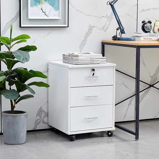 File Cabinet with Lock 3 Drawer Mobile Filing Cabinet with 360° Swivel Wheels, Under Desk Storage Cabinet Wooden File Organizer for Legal/Letter/A4 Documents, Home Office Storage (White)
