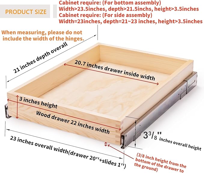 22”W x 21”D x 3”H Soft Close Slide Out Wood Drawer Organizer for Kitchen, Bottom and Side Assembly (Cabinet Opening>23.5 inches for Bottom Assembly, Opening= 23 inches for Side Assembly)