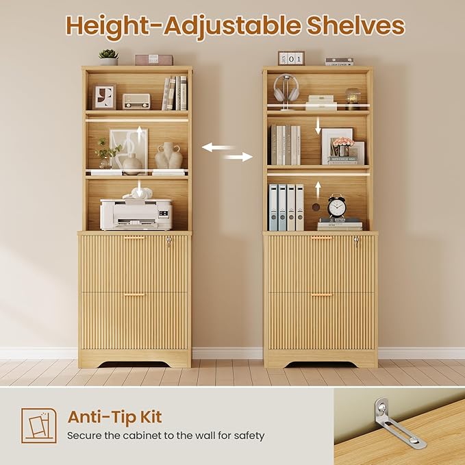 SEDETA 2 Drawer File Cabinet with Lock, Wood Filing Cabinet fits Letter, Legal, A4 Size, Hanging File Folders, Farmhouse File Cabinets for Home Office with Adjustable Storage Shelf, Natural Oak