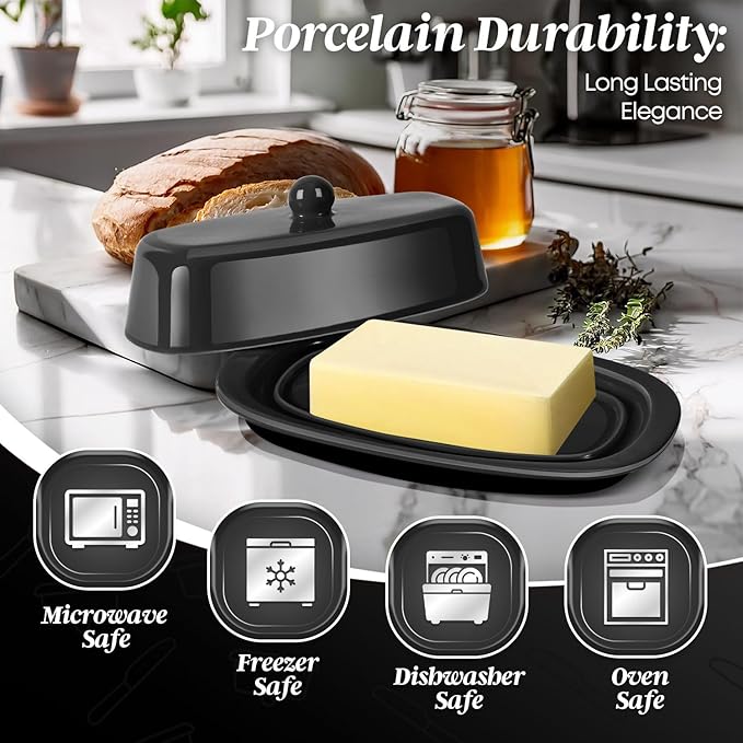 Flexzion Ceramic Black European Butter Dish with Lid for Countertop (7 Inch) - 1 Stick Butter Holder for Counter, Cream Cheese Container Storage Keeper