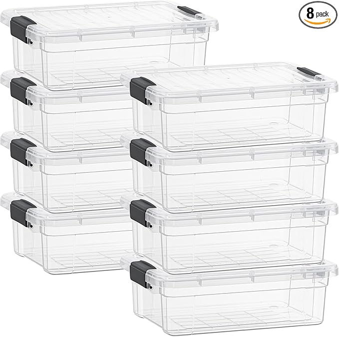Superio Clear Storage Boxes with Lids, 2.3 Quart Plastic Container Bins for Organizing, Stackable Crates, BPA Free, Non Toxic, Odor Free, Organizers for Home, Office and Dorm, 8 Pack