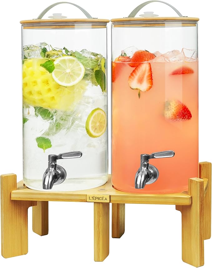 L'ÉPICÉA 1.5 Gallon Drink Dispenser for Parties 2 PCS, Beverage Dispenser Set of 2, Glass Drink Dispensers with Wood Stand, Large Drink Dispenser with Stainless Steel Spigot 100% Leakproof, Wood Lid.