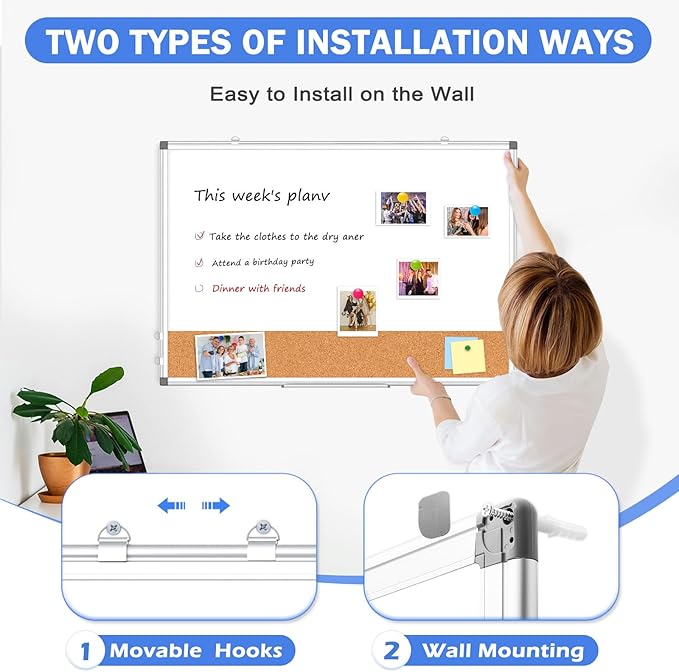 Whiteboard Cork Board Combo for Wall, WALGLASS 36" x 24" Double-Sided Large Dry Erase Whiteboard Corkboard Combination, Hanging Wall Mount Bulletin Board with Aluminum Frame for Office, Home, School