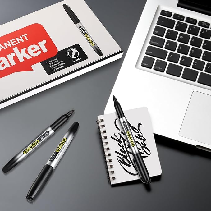 SFAIH Red Permanent Markers Bulk - 24 Pack, 1s Quick Dry, Fine Point Permanent Markers for Paper Plastic Glass Metal Wood, Waterproof, Kitchen Classroom Office, Doodling, Marking, Non-Fading