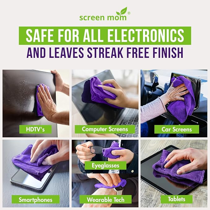 Screen Mom Screen Cleaner Purple Microfiber Cloths (4-Pack) - Microfiber Screens Cleaner Cloths, TV Cleaning Cloth for Electronic Cleaners, Laptop, Computer & Car Screens Cleaning Kit, TV Cleaners