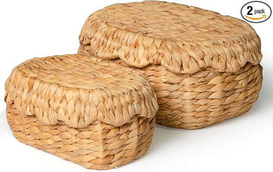 KOKODO Pack of 2 Scalloped Basket with Lids, Water Hyacinth Wicker, BOHO Handwoven Wicker Basket for Gifts, Diaper Caddy Organizer