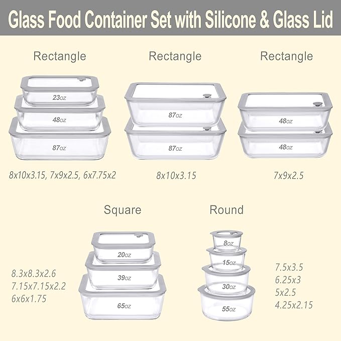 Glass Food Containers with Glass Lid, Microwave Safe Food Storage Container Set, 2 Pack of 48oz, Large Size Meal Prep Storage Set with Airtight Leak Proof Lid.