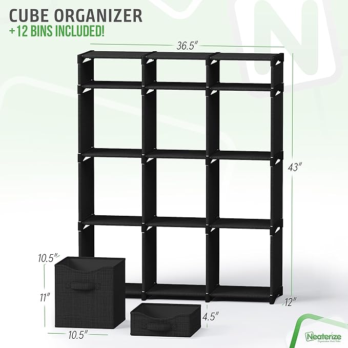 12 Cube Closet Organizers And Storage | Includes All Storage Cube Bins | Easy To Assemble Closet Storage Unit With Drawers | Room Organizer For Clothes, Baby Closet Bedroom, Playroom, Dorm (Black)