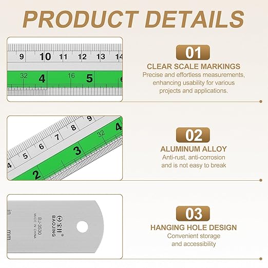 HARFINGTON 6pcs Metal Straight Ruler 20cm Metric SAE Aluminum Alloy Measuring Rulers Scale Tool with Hole for Measure Study Reading Classroom Office, Green