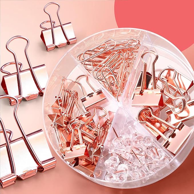 Paper Clips and Binder Clips Set, 3 Pack, 216 pcs, Metal Assorted Sized Binders with Push Pins, Cute Rose Gold Office Supplies for Desk, Desk Accessories