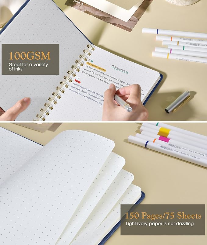 Graph Spiral Journal Notebook, A5 Hardcover Spiral Journals for Women Men, 100 GSM Graph Paper Notebooks, 150 Pages Spiral Bound Grid Notebook for Writing Note Taking Work 5.75" x 8.38", Navy Blue