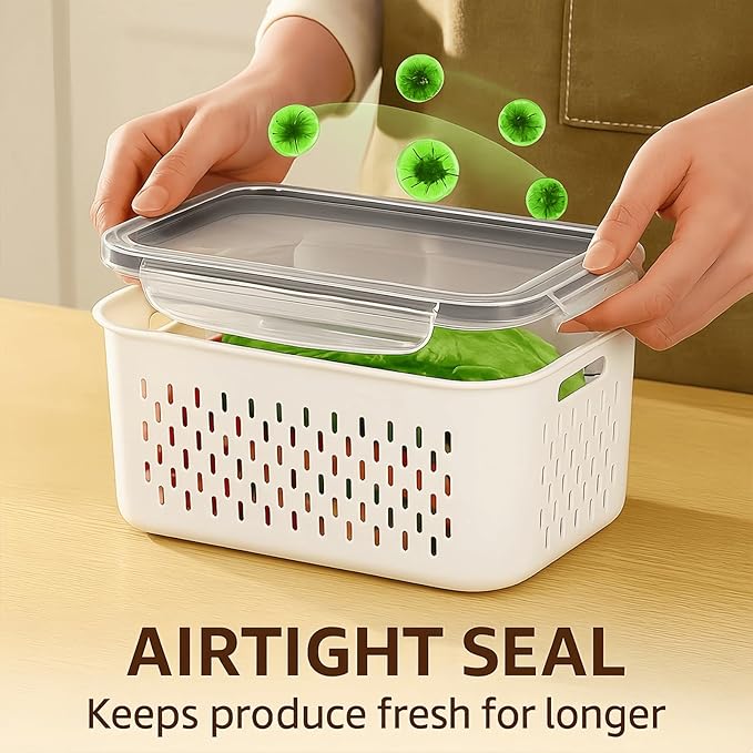 4 Pack Food Storage Containers with Lids – Refrigerator Organizer with Removable Colander & Drain Basket, Airtight Produce Saver for Fruits & Vegetables
