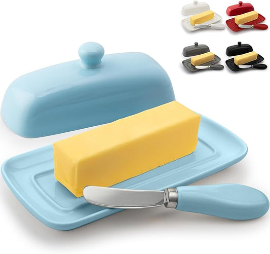 Zulay Kitchen Butter Dish With Lid For Countertop - Porcelain White, Ceramic Butter Dish with Knob Handle Great for Cooking - Elegant Design Butter Holder - Durable & Sturdy Butter Keeper - Light Blue