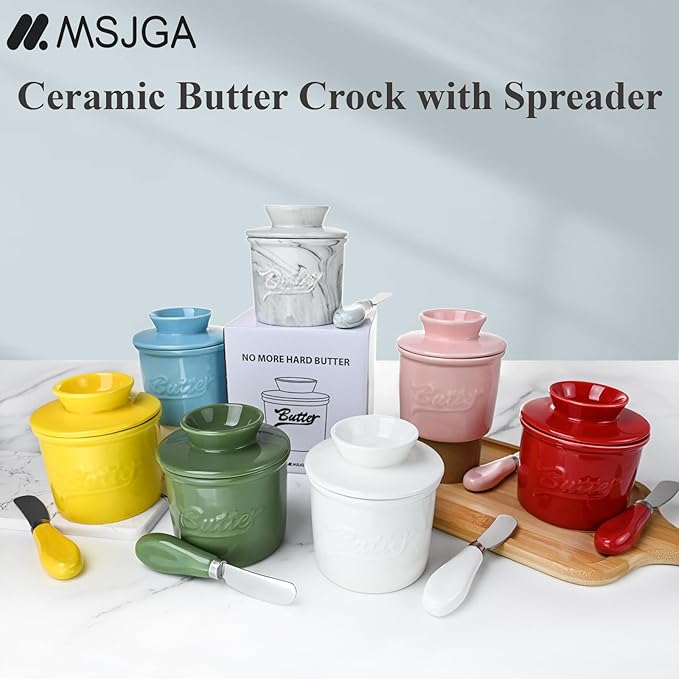 Ceramic Butter Crock with Lid & Spreader Knife, Butter Keeper - Ideal Butter Storage & Countertop Butter Dish,Pink