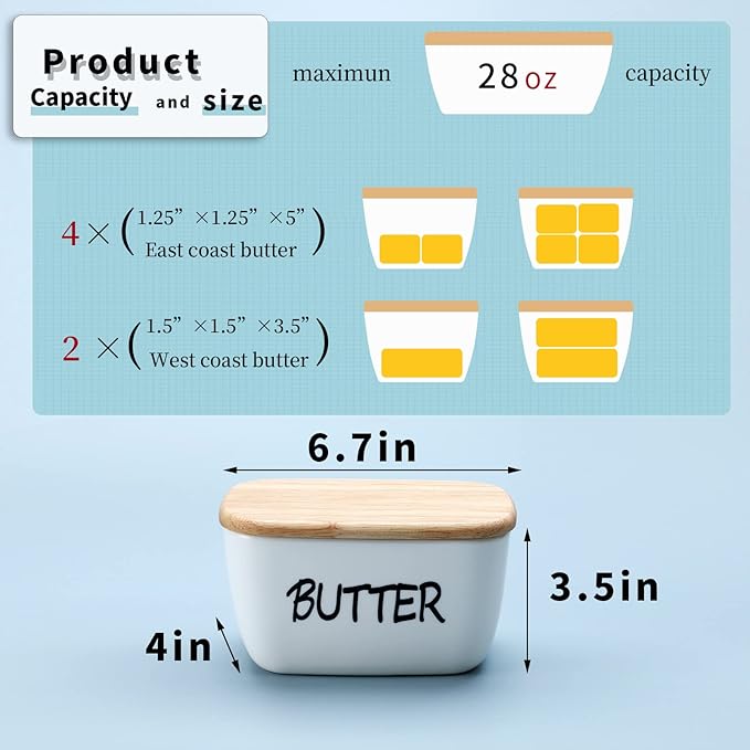 HAOTOP Large Porcelain Butter Dish with Lid Perfect for 4 Stick of Butter (White)