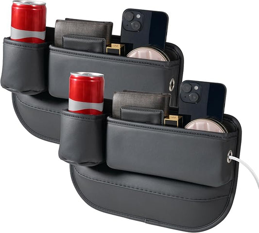 2-Pack PU Leather Car Seat Gap Organizer | 1 Cup Holder per Side | 11.2"x8.3"x2.5" Quick-Install Storage for Phone, Keys, Drinks (Left+Right)（Black）