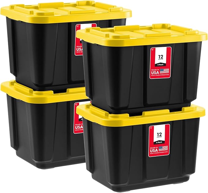 IRIS USA 12 Gallon Heavy Duty Truck Bed Toolbox Storage Tote Bins with Lids, 4 Pack - Made in USA, Tough Snap On Lockable Lid Stackable Industrial Rugged Tubs, Garage Organization Box - Black/Yellow