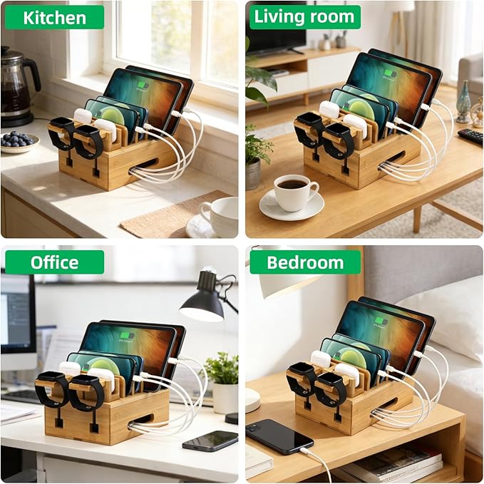 Bamboo Charging Stations for Multi Devices with 5 Port USB Charger, 6 Cables, Desktop Wood Docking Station Charger Organizer for Cell Phones, Tablets,Earphone, Watches