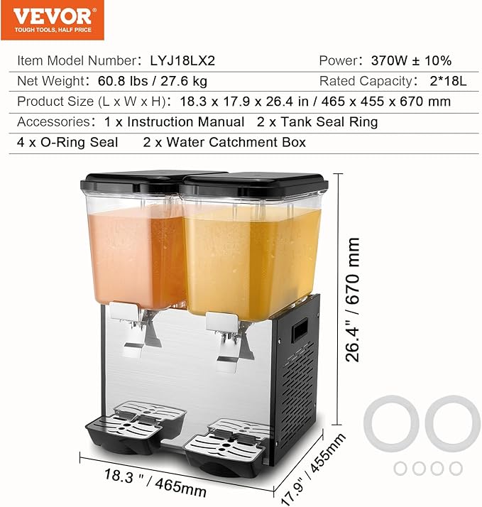 VEVOR Commercial Beverage Dispenser, 2 Tanks 18 L / 19 QT Per Tank Juice Dispenser, 370W Stainless Steel Ice Tea Drink Machine with 45°F-54°F Cooling Temperature, for Cold Drink Restaurant Bar Party