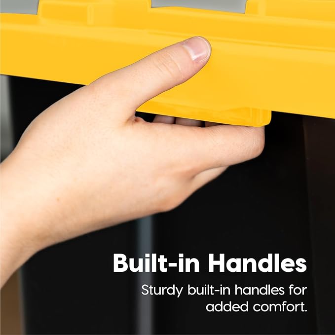 IRIS USA 27 Gallon Heavy Duty Truck Bed Toolbox Storage Tote Bins with Lids, 4 Pack - Made in USA, Tough Snap On Lockable Lid Stackable Industrial Tubs, Garage Organization Reusable Box - Black/Yellow