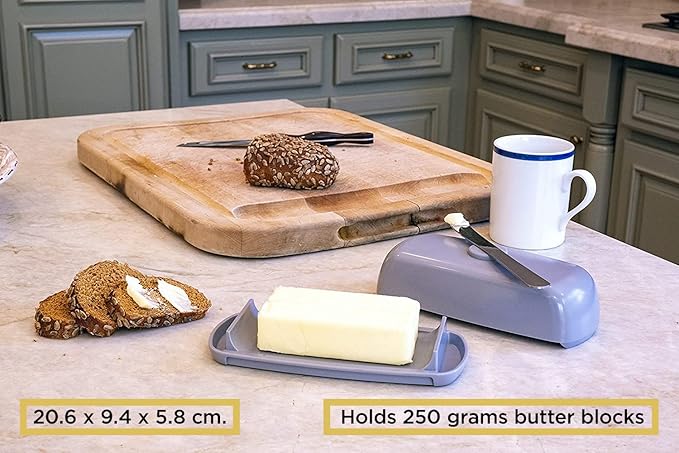 Butter Hub Extra Large Butter Dish with Lid and Knife, European Size Magnetic Butter Keeper, Easy Scoop, No Mess Lid, Plastic, Dishwasher Safe (Grey),European / 2 Sticks